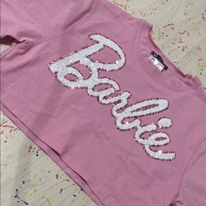 💗zara x barbie collab. pink crop w white sequin logo